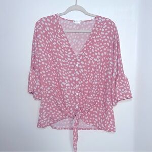 Pink & White Animal Print 3/4 Sleeve Button Up Blouse - M
